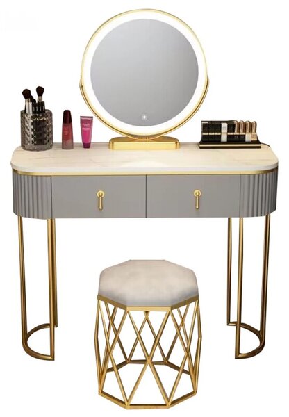 Set LISA, Masă de toaletă pentru machiaj cu oglindă iluminată LED, control touch, sertar, taburet tapitat, Gri, 100x40x75 cm
