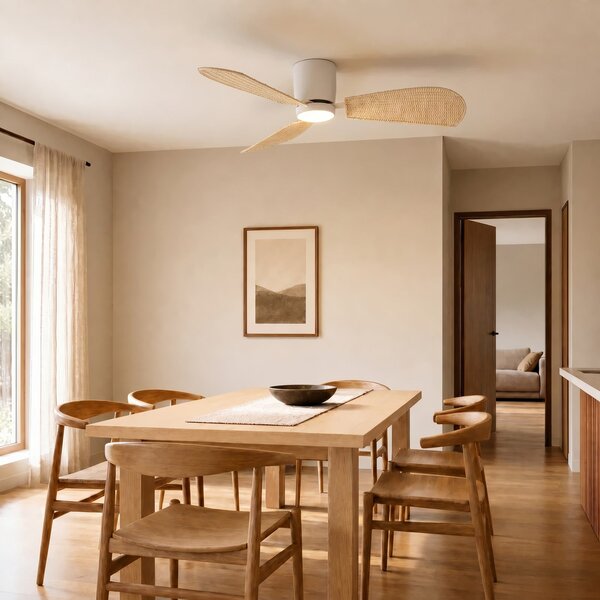 Lucande Ventilator de tavan cu LED-uri Faipari, alb/rattan, DC, 132 cm, Lemn, Camera de zi / sufragerie, Lemn, Modern