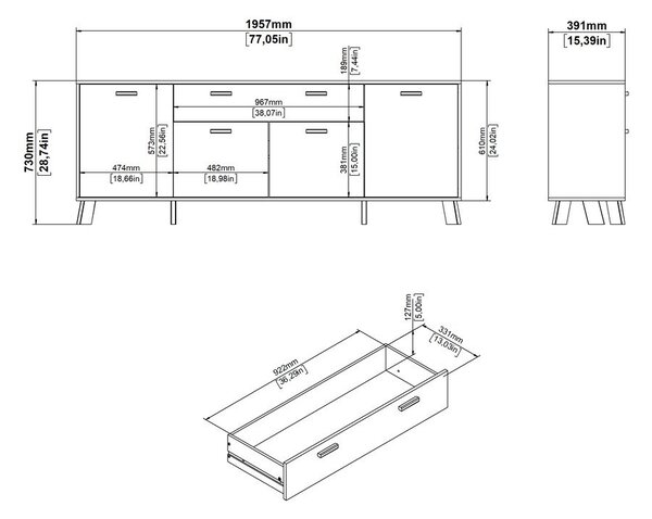 Comodă albă-în culoare naturală cu aspect de lemn de stejar 196x73x39 cm Ikast – Tvilum