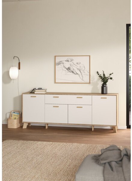 Comodă albă-în culoare naturală cu aspect de lemn de stejar 196x73x39 cm Ikast – Tvilum