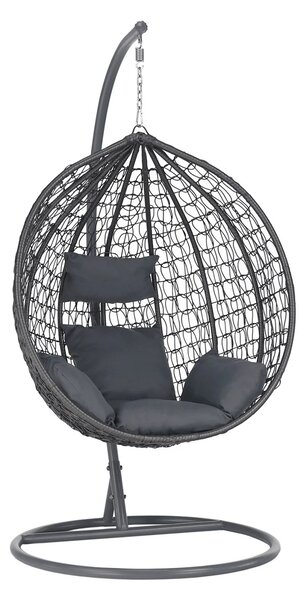 Fotoliu leagan suspendat, cu perne moi, rezistente la UV, împletitură tip răchită, structură metalică, pentru interior și exterior, Gri