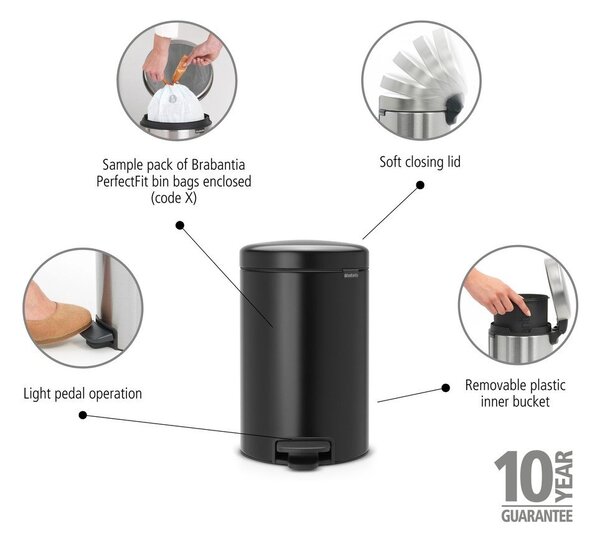 Coș de gunoi negru mat cu pedală din oțel 12 l NewIcon – Brabantia