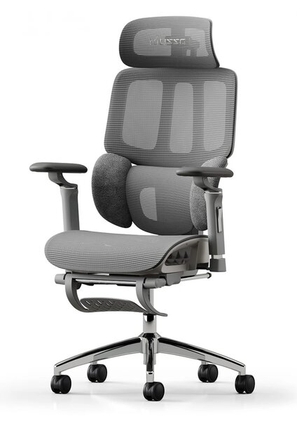 Scaun ergonomic MUSSO H80 PRO, șezut translatabil, cotiere 6D, suport lombar dinamic, spătar reglabil înălțime, tetieră 3D, suport picioare, mecanism multifunctional inclinare/blocare, pivotant, Mesh, Gri