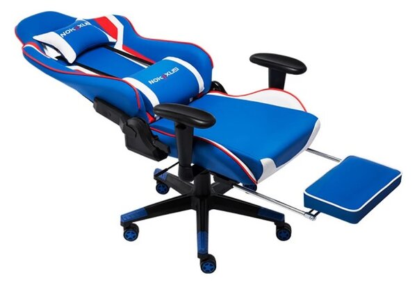 NOKAXUS Scaun gaming, ergonomic, pernă lombară cu masaj, suport pentru picioare, piele PU respirabila, cotiere reglabile, rezistent 150 kg, Albastru