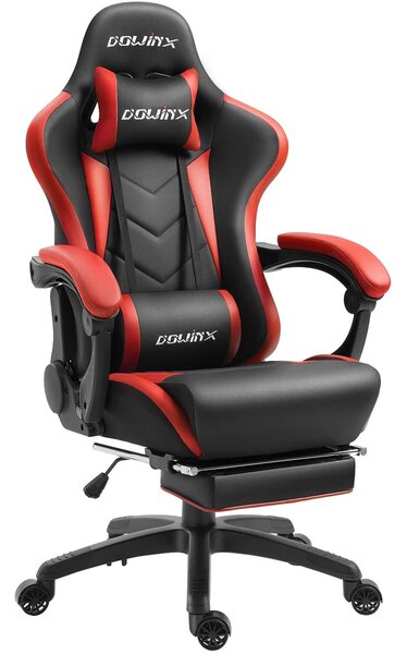 DOWINX Scaun gaming, ergonomic, suport lombar cu masaj, spătar rabatabil, tetieră, suport pentru picioare, rezistent 150 kg, piele PU, Negru/Rosu