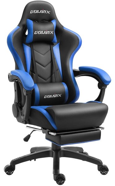 DOWINX Scaun gaming, ergonomic, suport lombar cu masaj, spătar rabatabil, tetieră, suport pentru picioare, rezistent 150 kg, piele PU, Negru/Albastru