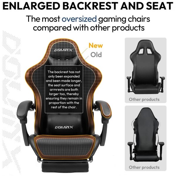DOWINX Scaun gaming, ergonomic, suport lombar cu masaj, spătar rabatabil, tetieră, suport pentru picioare, rezistent 150 kg, piele PU, Negru/Gri