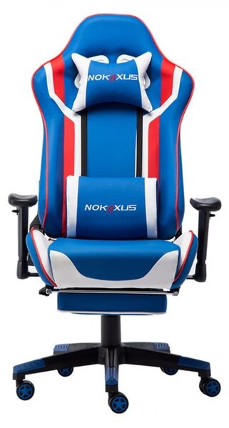 NOKAXUS Scaun gaming, ergonomic, pernă lombară cu masaj, suport pentru picioare, piele PU respirabila, cotiere reglabile, rezistent 150 kg, Albastru