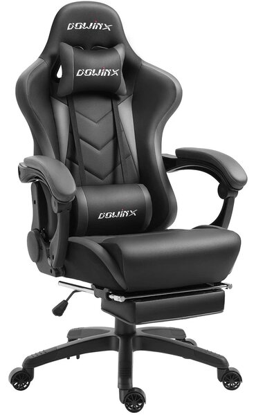 DOWINX Scaun gaming, ergonomic, suport lombar cu masaj, spătar rabatabil, tetieră, suport pentru picioare, rezistent 150 kg, piele PU, Negru/Gri