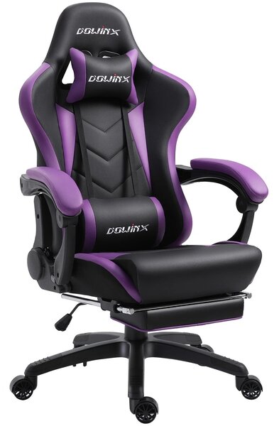 DOWINX Scaun gaming, ergonomic, suport lombar cu masaj, spătar rabatabil, tetieră, suport pentru picioare, rezistent 150 kg, piele PU, Negru/Violet