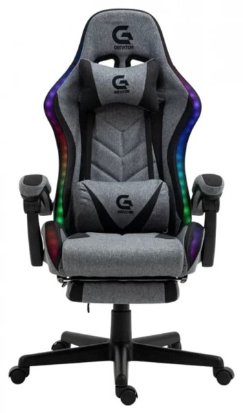 Scaun gaming, boxe bluetooth, sistem iluminare bandă LED RGB, masaj în perna lombară, suport picioare, material textil, Gri/Negru