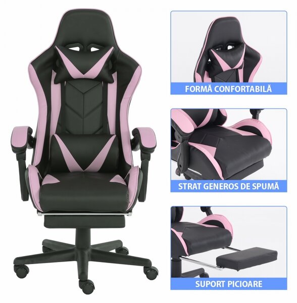Scaun gaming, masaj în perna lombară, suport picioare, piele ecologica, Negru/Roz