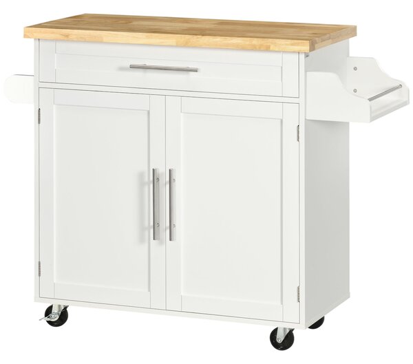 Carucior de bucatarie cu sertar și dulap, 4 roti din care 2 cu frana, lemn, 109x40x89cm, alb HOMCOM | Aosom Romania