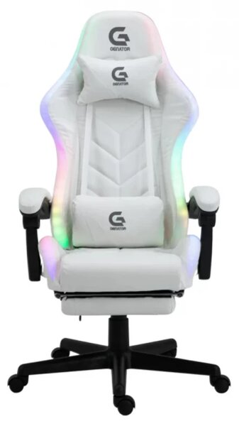 Scaun gaming, boxe Bluetooth, sistem iluminare bandă LED RGB, masaj în perna lombară, suport picioare, Alb