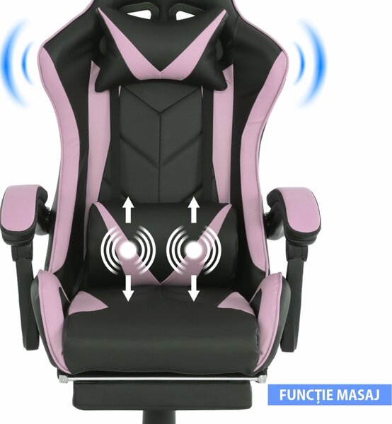 Scaun gaming, masaj în perna lombară, suport picioare, piele ecologica, Negru/Roz