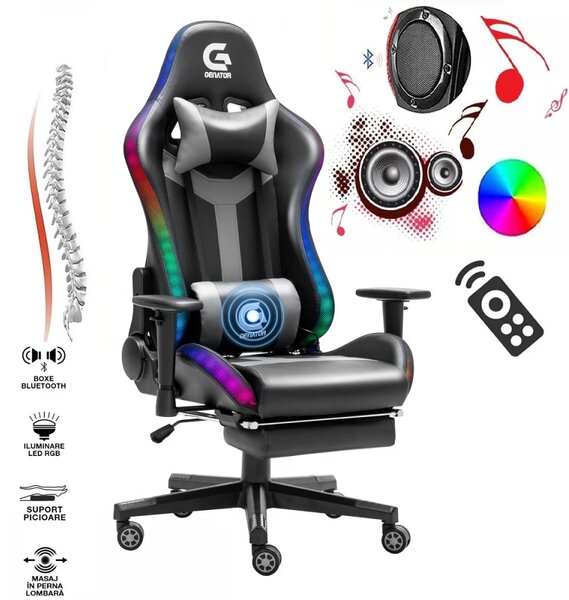Scaun gaming, sistem iluminare bandă LED RGB, boxe Bluetooth, masaj în perna lombara, funcție șezlong, 90-180 grade, suport picioare, SIG GS 024, Negru/Gri