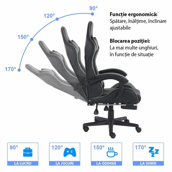Scaun gaming, masaj în perna lombară, suport picioare, piele ecologica, Negru/Roz