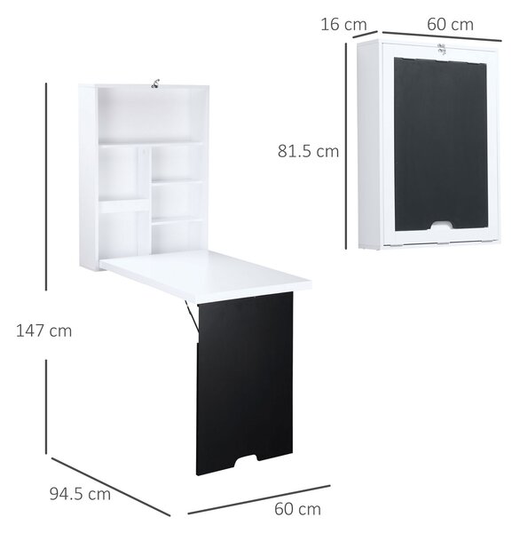HOMCOM Birou de perete, blat pliabil, 5 rafturi, 60x94,5x147cm, Negru ...
