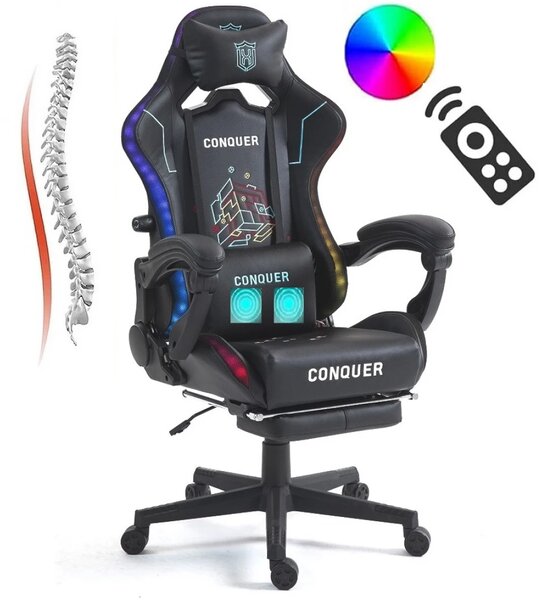 Scaun gaming cu masaj în perna lombară, sistem iluminare bandă LED RGB, suport lombar reglabil, suport picioare, PU, Negru/Alb