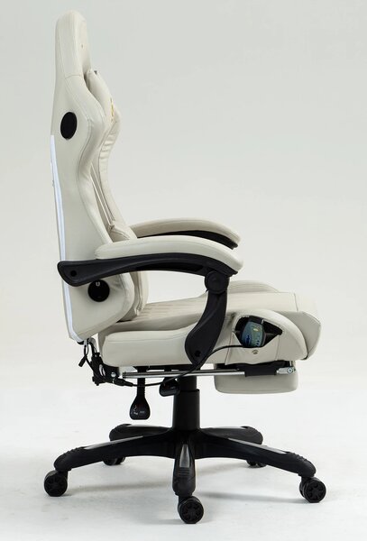 Scaun gaming, Masaj in 7 puncte, Boxe Bluetooth, funcție șezlong, 90-155 grade, suport picioare, PU, Alb Crem