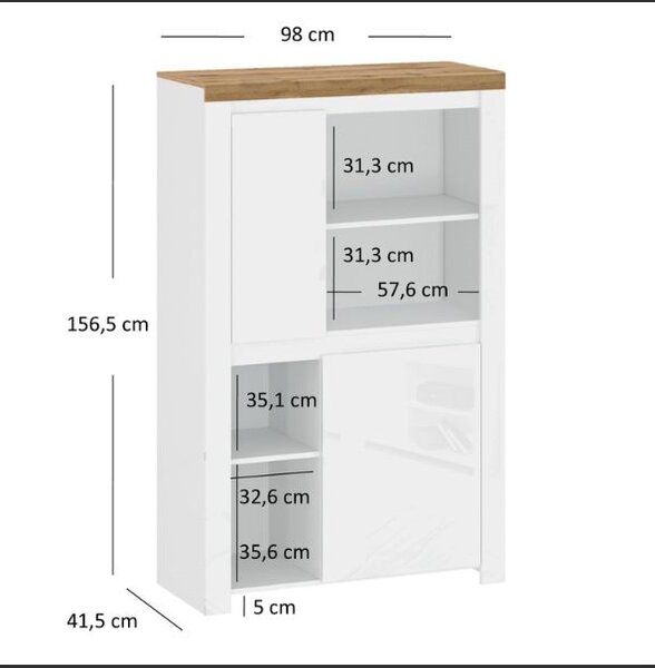 Comoda VIGO 2D, alb lucios/stejar wotan, PAL laminat, 98x42x157 cm