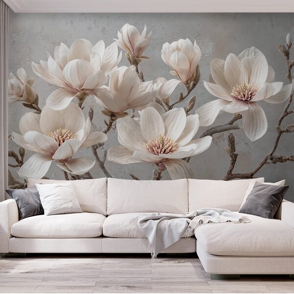 Tapet Ramuri de magnolie cu flori mari de lumină în tonuri atenuate, Fototapet Flori, w09305 : Uwalls.ro