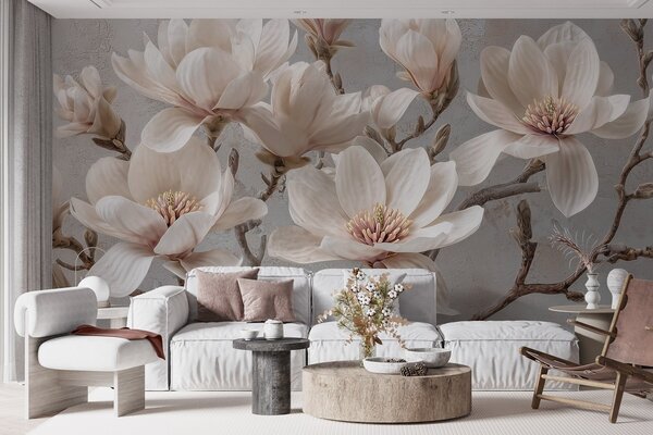 Tapet Ramuri de magnolie cu flori mari de lumină în tonuri atenuate, Fototapet Flori, w09305 : Uwalls.ro