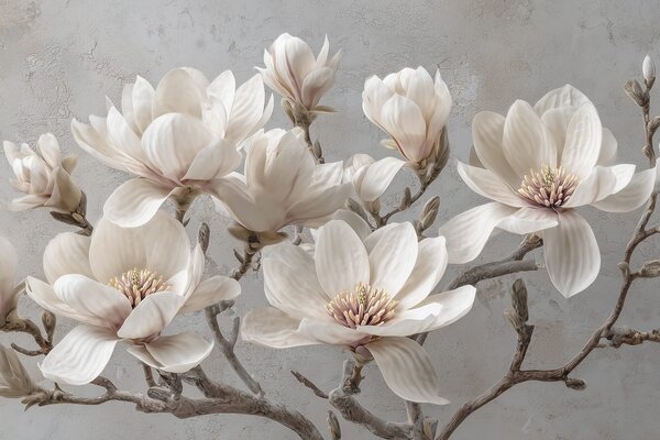 Tapet Ramuri de magnolie cu flori mari de lumină în tonuri atenuate, Fototapet Flori, w09305 : Uwalls.ro