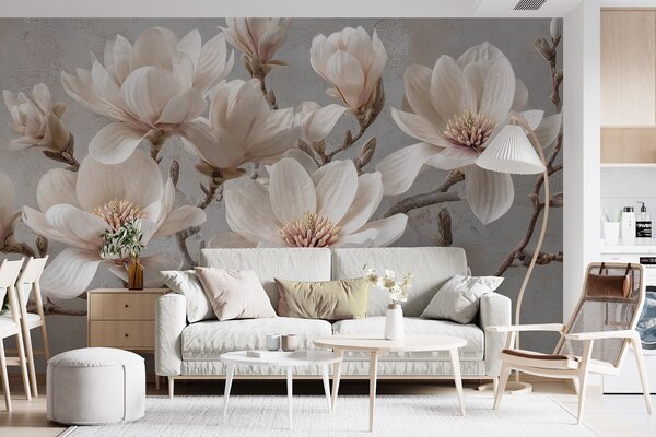 Tapet Ramuri de magnolie cu flori mari de lumină în tonuri atenuate, Fototapet Flori, w09305 : Uwalls.ro