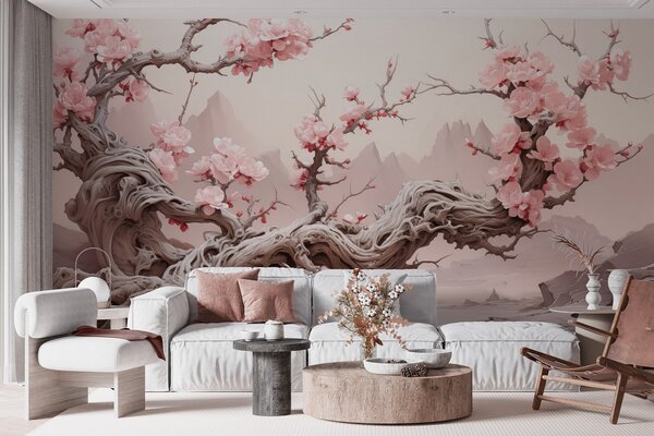 Tapet Trunchi de copac răsucit cu sakura roz înflorit, Fototapet pădure, Fototapet copaci, w09388 : Uwalls.ro