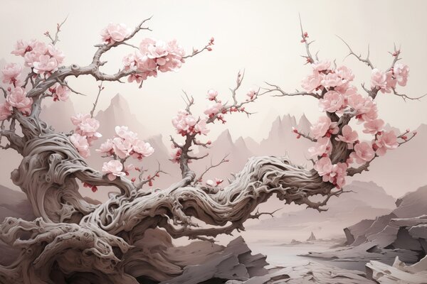 Tapet Trunchi de copac răsucit cu sakura roz înflorit, Fototapet pădure, Fototapet copaci, w09388 : Uwalls.ro