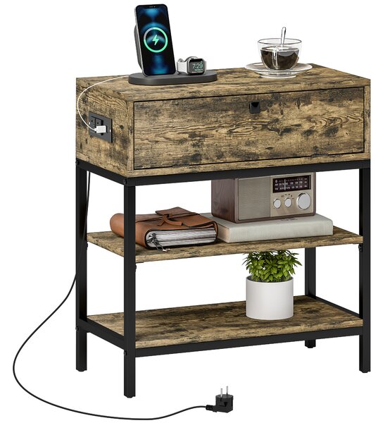 HOMCOM Măsuță de Cafea cu 2 Prize și 2 Porturi USB, Sertar și 2 Rafturi Deschise, 60x30x66,5 cm, Maro | Aosom Romania