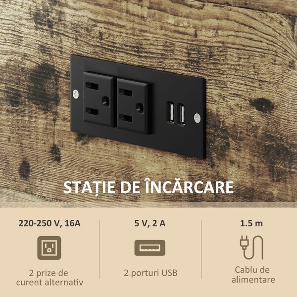 HOMCOM Măsuță de Cafea cu 2 Prize și 2 Porturi USB, Sertar și 2 Rafturi Deschise, 60x30x66,5 cm, Maro | Aosom Romania
