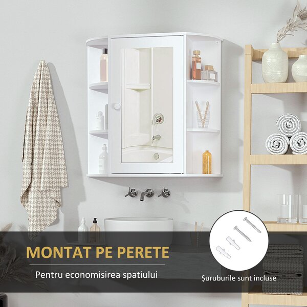 HOMCOM Dulap de Perete pentru Baie, Dulap de Baie cu Oglindă, Ușă Centrală și Rafturi din Lemn, 66x17x63 cm, Alb | Aosom Romania