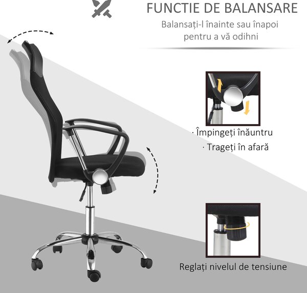 Scaun ergonomic de birou, insertie plasa, negru HOMCOM | Aosom Romania