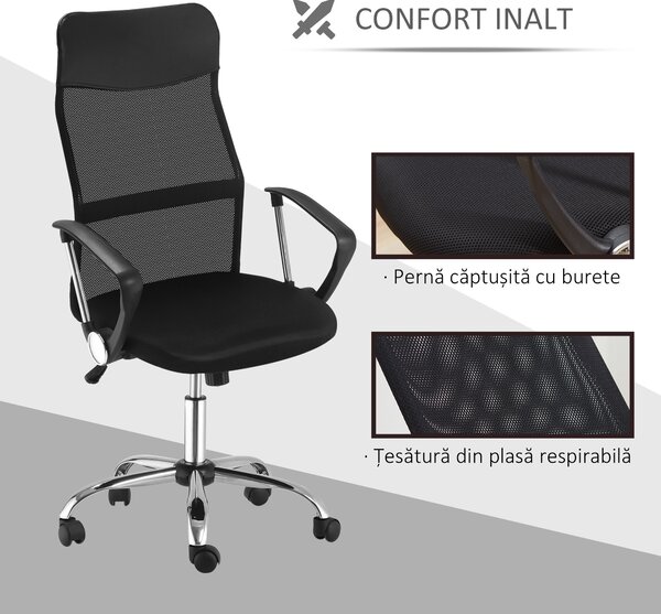 Scaun ergonomic de birou, insertie plasa, negru HOMCOM | Aosom Romania