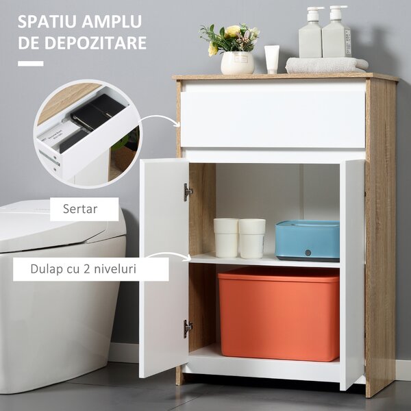 Kleankin Mobilier de Baie Multifuncțional, Combinație Dulap și Sertar, Design Modern în Nuanțe de Lemn și Alb, 60x30x90 cm | Aosom Romania