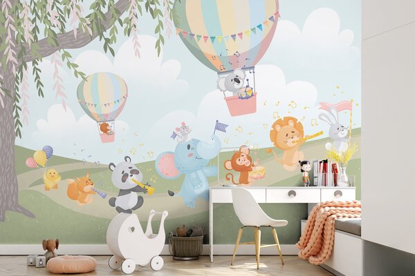 Tapet Peisaj cu animale cântând la instrumente muzicale, Fototapet Pentru Copii, Fototapet Baloane, w04200 : Uwalls.ro