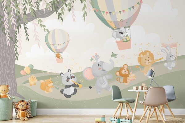 Tapet Peisaj cu animale cântând la instrumente muzicale, Fototapet Pentru Copii, Fototapet Baloane, w04200v1 : Uwalls.ro