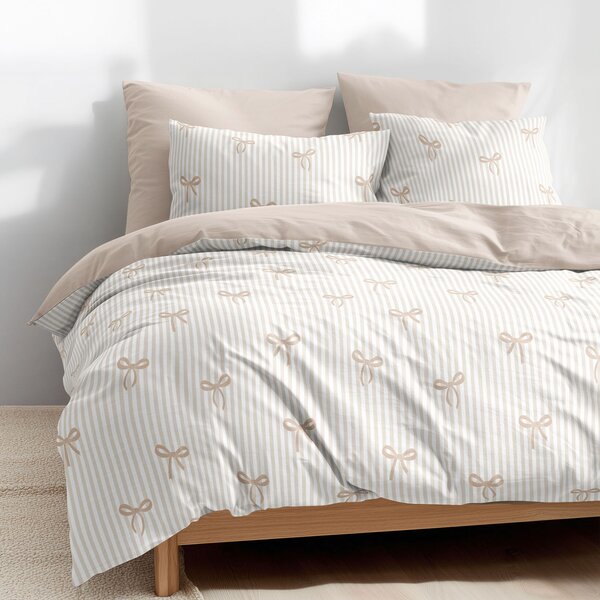 Goldea lenjerie de pat din 100% bumbac duo - fundițe cu dungi cu latte 140 x 200 și 50 x 70 cm