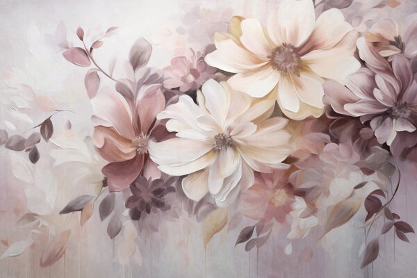 Tapet Un aranjament floral cu flori mari, texturate, în culori delicate, în nuanțe de burgund, piersic și alb,, Fototapet Flori, w09398 : Uwalls.ro