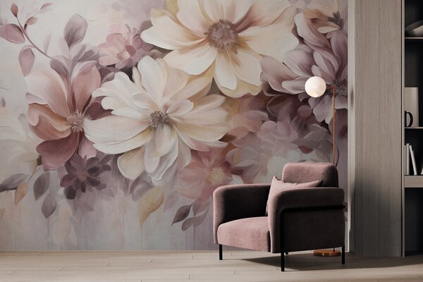 Tapet Un aranjament floral cu flori mari, texturate, în culori delicate, în nuanțe de burgund, piersic și alb,, Fototapet Flori, w09398 : Uwalls.ro