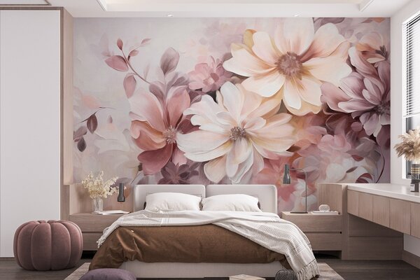 Tapet Un aranjament floral cu flori mari, texturate, în culori delicate, în nuanțe de burgund, piersic și alb,, Fototapet Flori, w09398 : Uwalls.ro