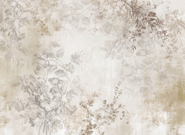 Tapet Artă florală vintage texturată, cu ilustrații delicate ale florilor și frunzelor din grădină,, Fototapet în stil vintage, w09402 : Uwalls.ro