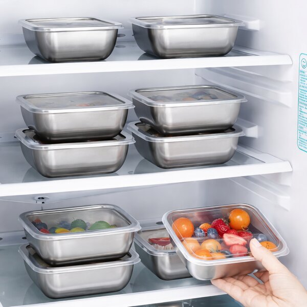 Set 6 caserole din inox cu capac transparent, pătrate, stivuibile, pentru frigider