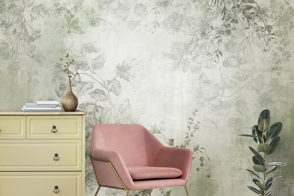 Tapet Artă florală vintage texturată, cu ilustrații delicate ale florilor și frunzelor din grădină,, Fototapet în stil vintage, w09402v2 : Uwalls.ro