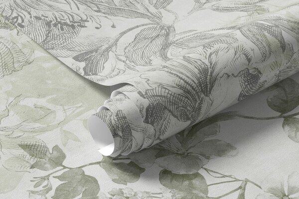 Tapet Artă florală vintage texturată, cu ilustrații delicate ale florilor și frunzelor din grădină,, Fototapet în stil vintage, w09402v2 : Uwalls.ro