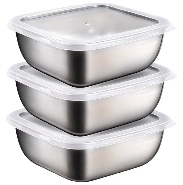 Set 6 caserole din inox cu capac transparent, pătrate, stivuibile, pentru frigider