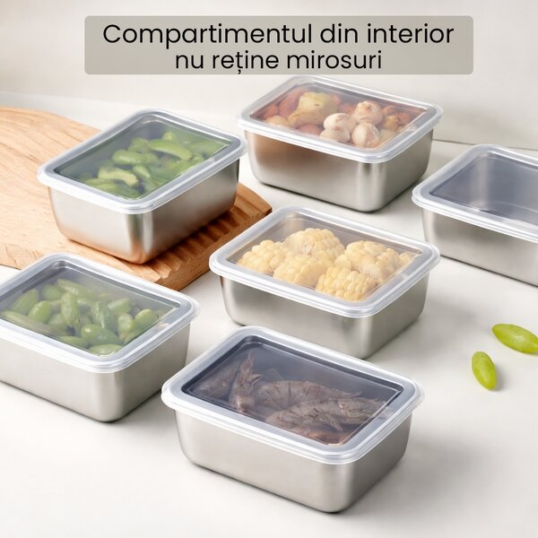 Set 6 caserole din inox cu capac transparent, pătrate, stivuibile, pentru frigider