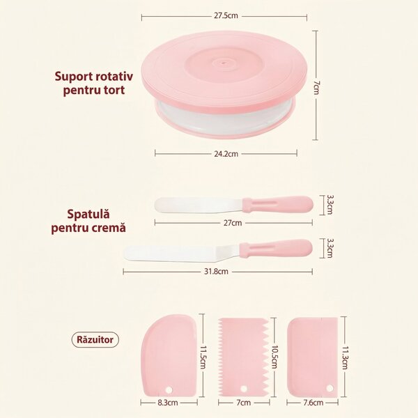 Set decorare torturi, platou rotativ 27,5 cm, 2 spatule, 3 răzuitoare, 3 forme, roz